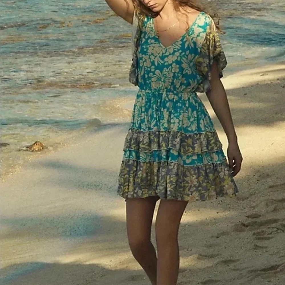 Anthropologie Turquoise Floral Daily Practice Tiered Ruffle Mini Dress Floral - Picture 4 of 9